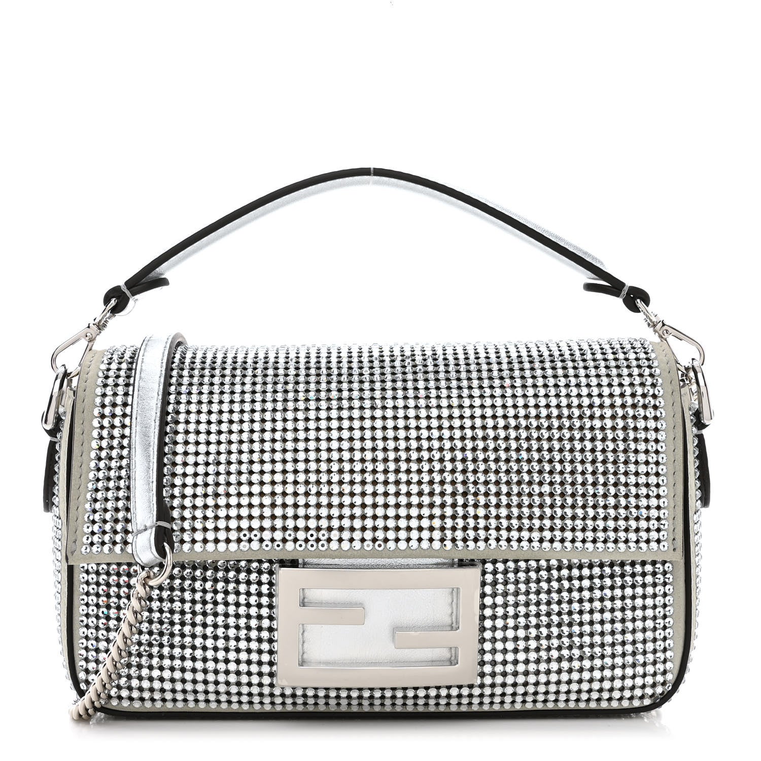 Fendi Nubuck Crystal Catalan Mirror Embroidered Mini Baguette Pietra Argento 1 of 10
