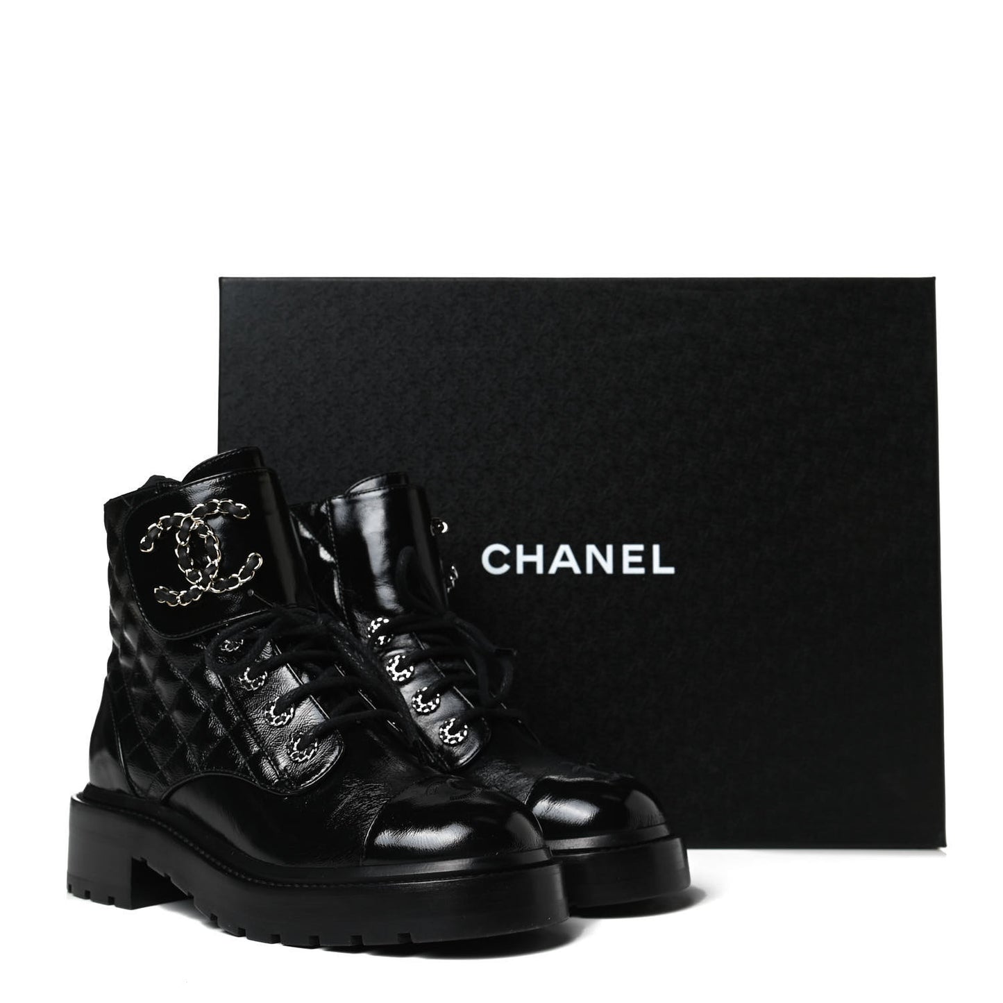 Shiny Calfskin Quilted Lace Up Combat Boots 35.5 Black