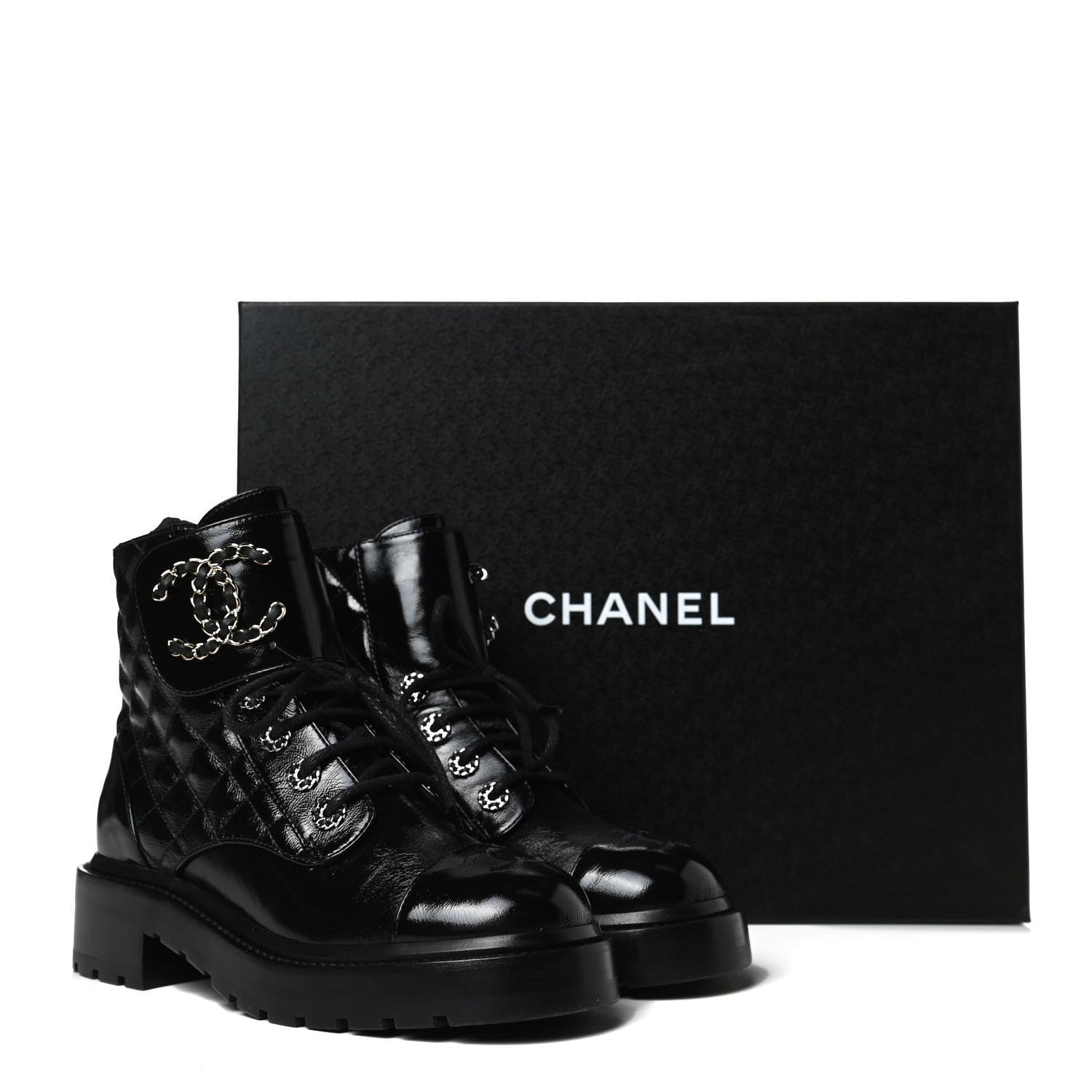 Chanel Shiny Calfskin Quilted Lace Up Combat Boots 35.5 Black 13 of 13