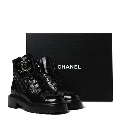 Chanel Shiny Calfskin Quilted Lace Up Combat Boots 35.5 Black 13 of 13