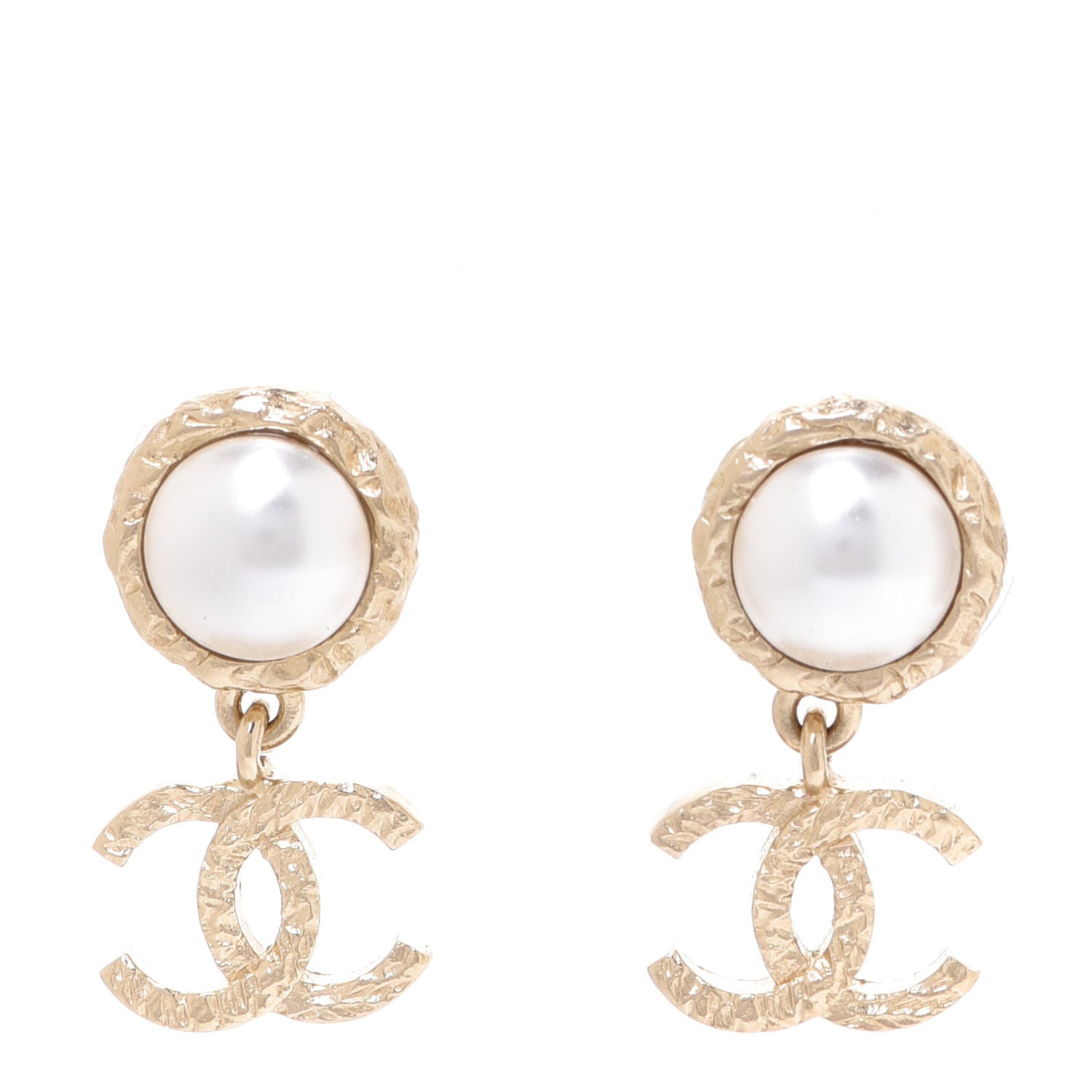 Chanel Pearl Hammered CC Drop Earrings Gold Pearly White 1 of 5