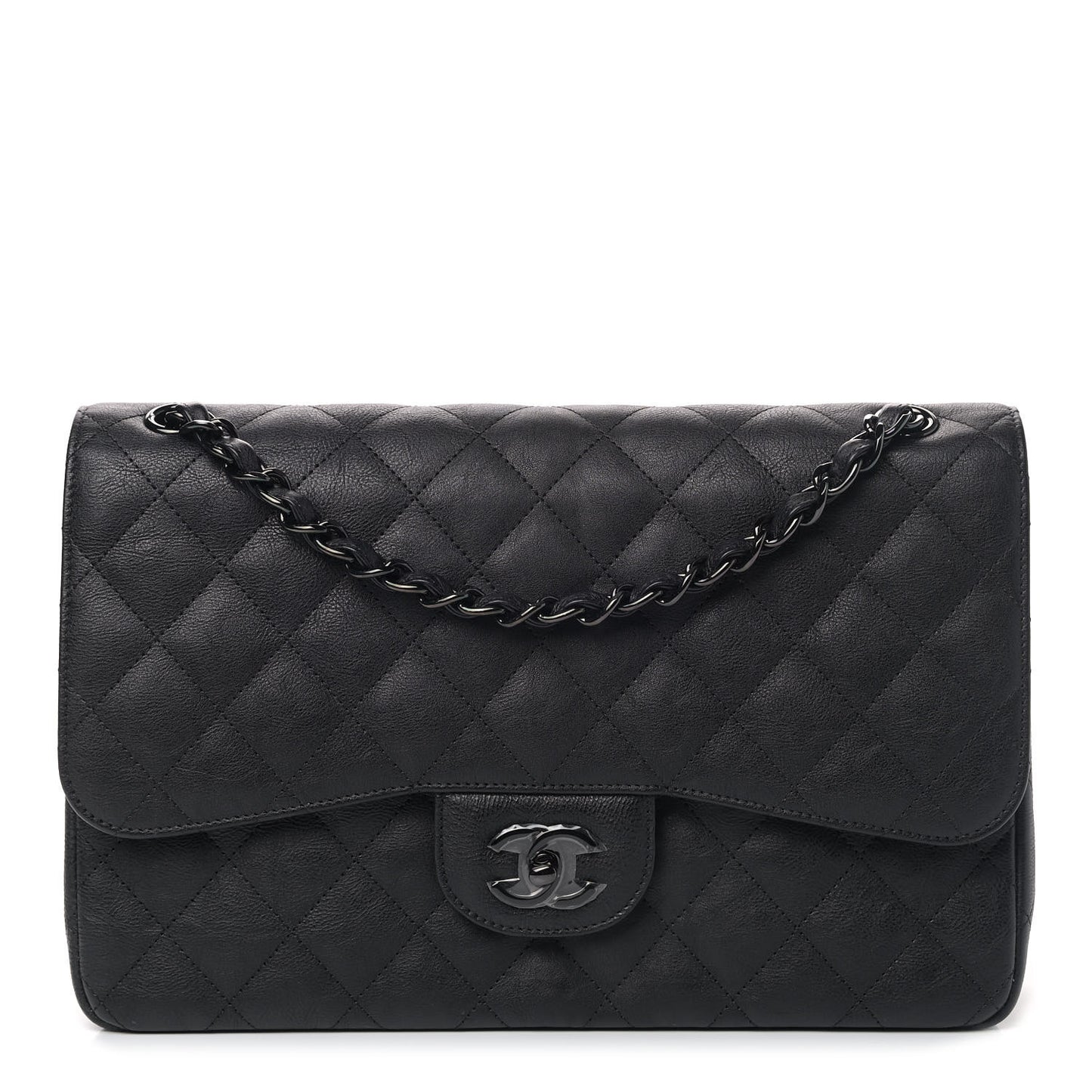 Crumpled Calfskin Quilted Jumbo Double Flap So Black