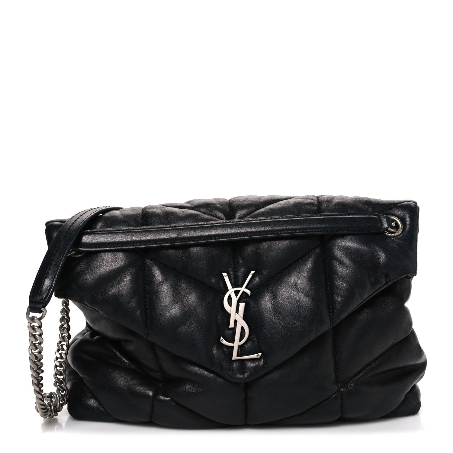 Saint Laurent Lambskin Quilted Medium Loulou Puffer Monogram Chain Satchel Black 1 of 10