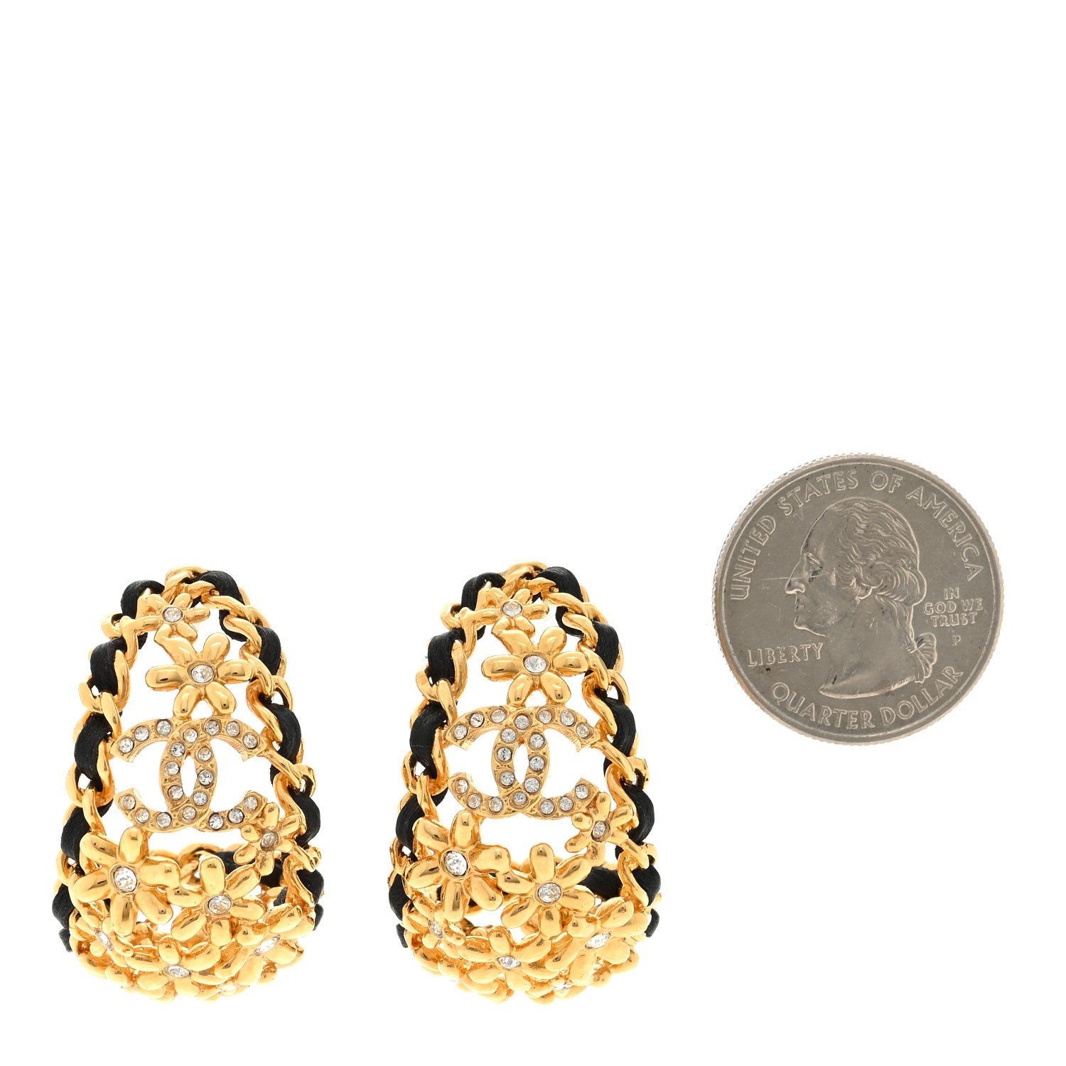 Chanel Lambskin Crystal Flower Chain CC Hoop Earrings Gold Black 2 of 4