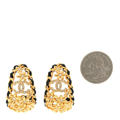 Chanel Lambskin Crystal Flower Chain CC Hoop Earrings Gold Black 2 of 4