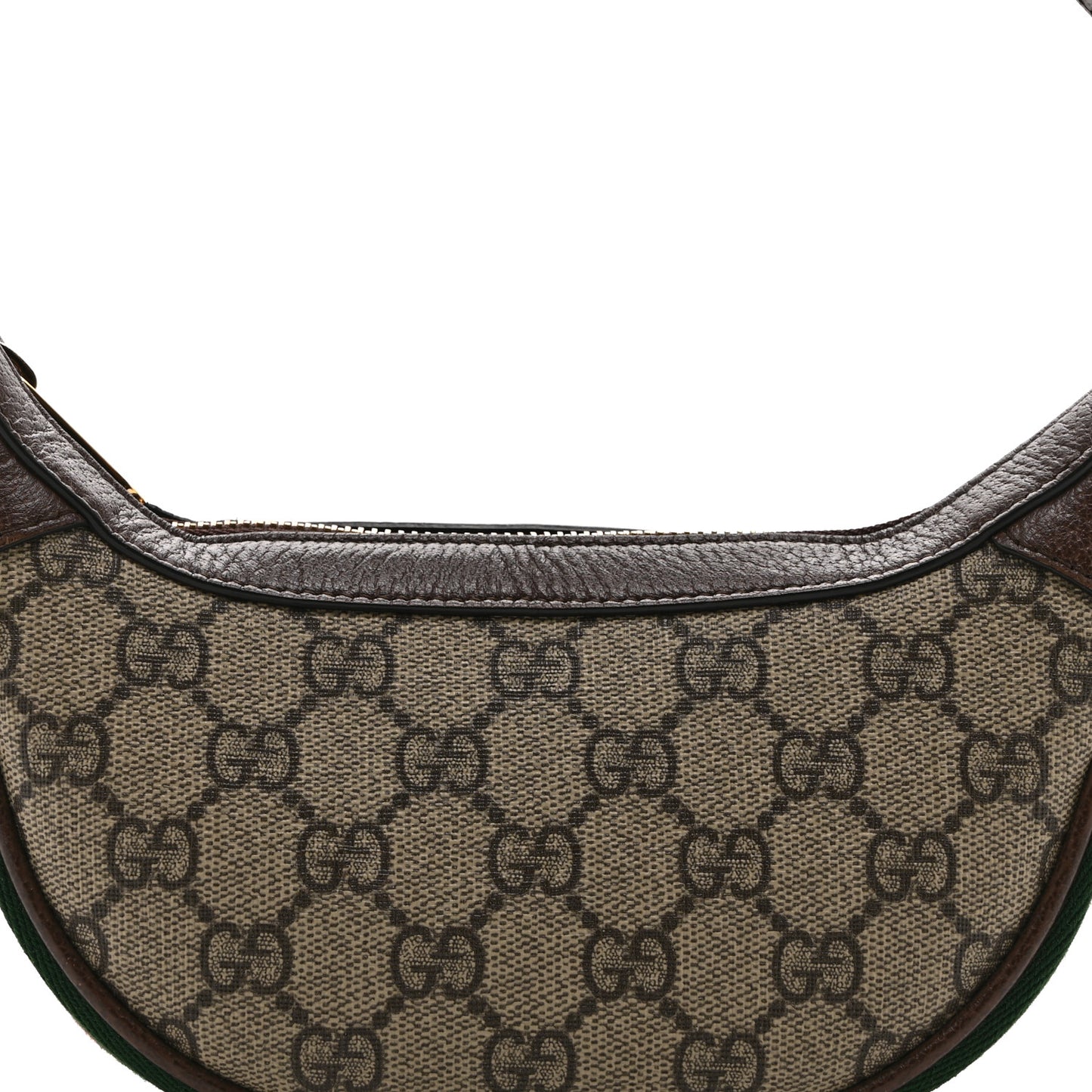GG Supreme Monogram Textured Calfskin Web Mini Ophidia Half Moon Hobo Beige Ebony New Acero