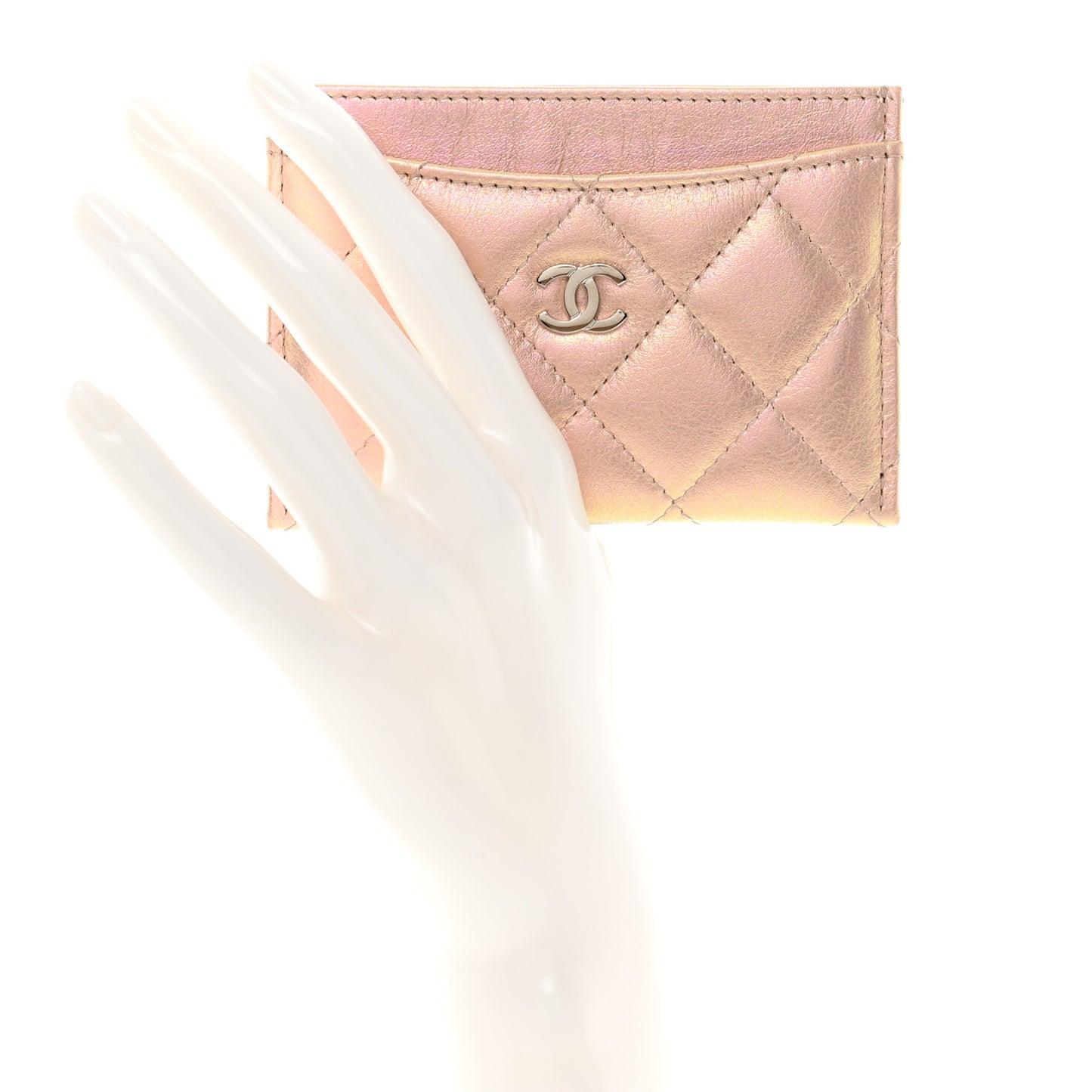 Iridescent Calfskin Quilted Card Holder Pink