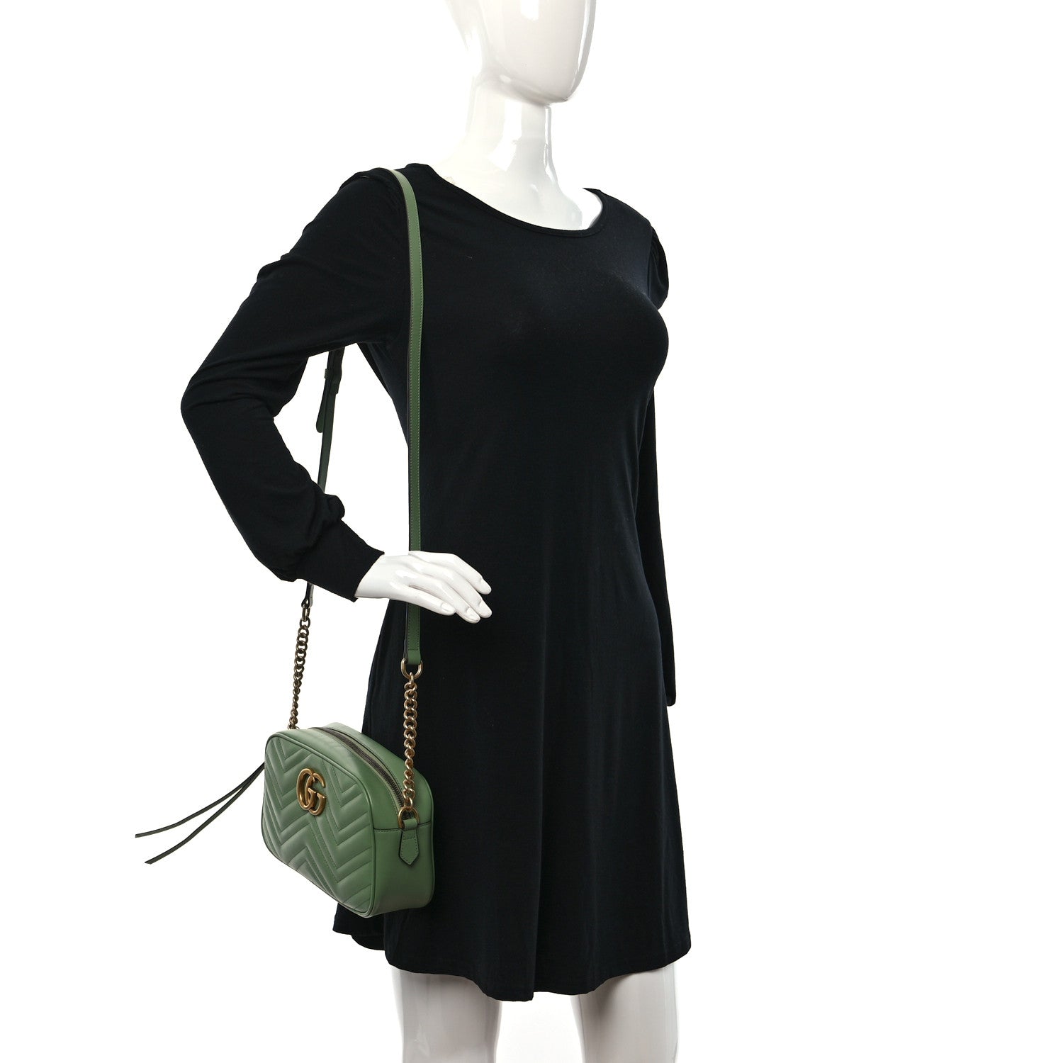 Gucci Calfskin Matelasse Chevron Small GG Marmont Chain Shoulder Bag Salamander Green 2 of 11