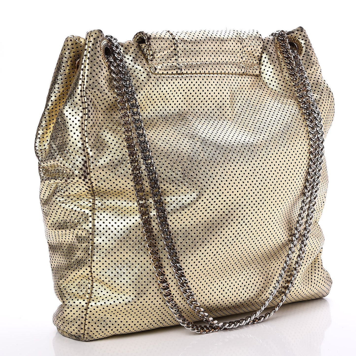 Metallic Crackled Calfskin Perforated Drill Shoulder Bag Gold
