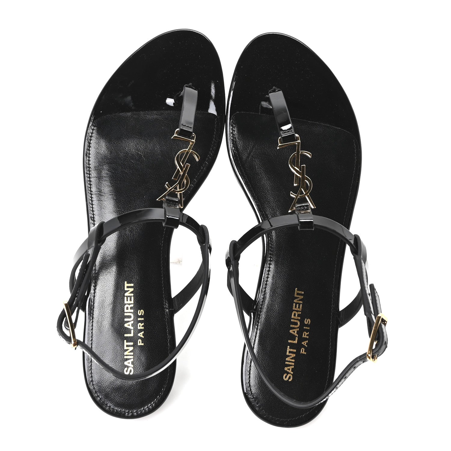 Saint Laurent Vitello Vernice Soft Cassandra 05 Monogram Flat Sandals 37 Oro Antico Black 2 of 10