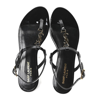 Saint Laurent Vitello Vernice Soft Cassandra 05 Monogram Flat Sandals 37 Oro Antico Black 2 of 10