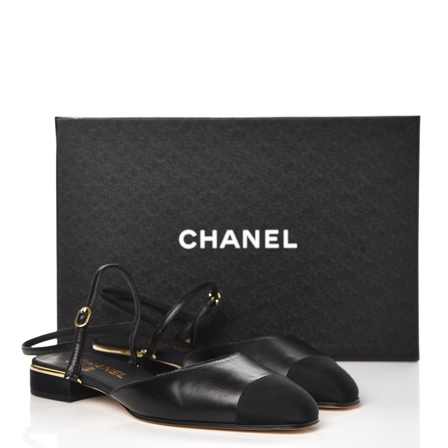 Lambskin Grosgrain Cap Toe CC Slingback Sandals 38.5 Black