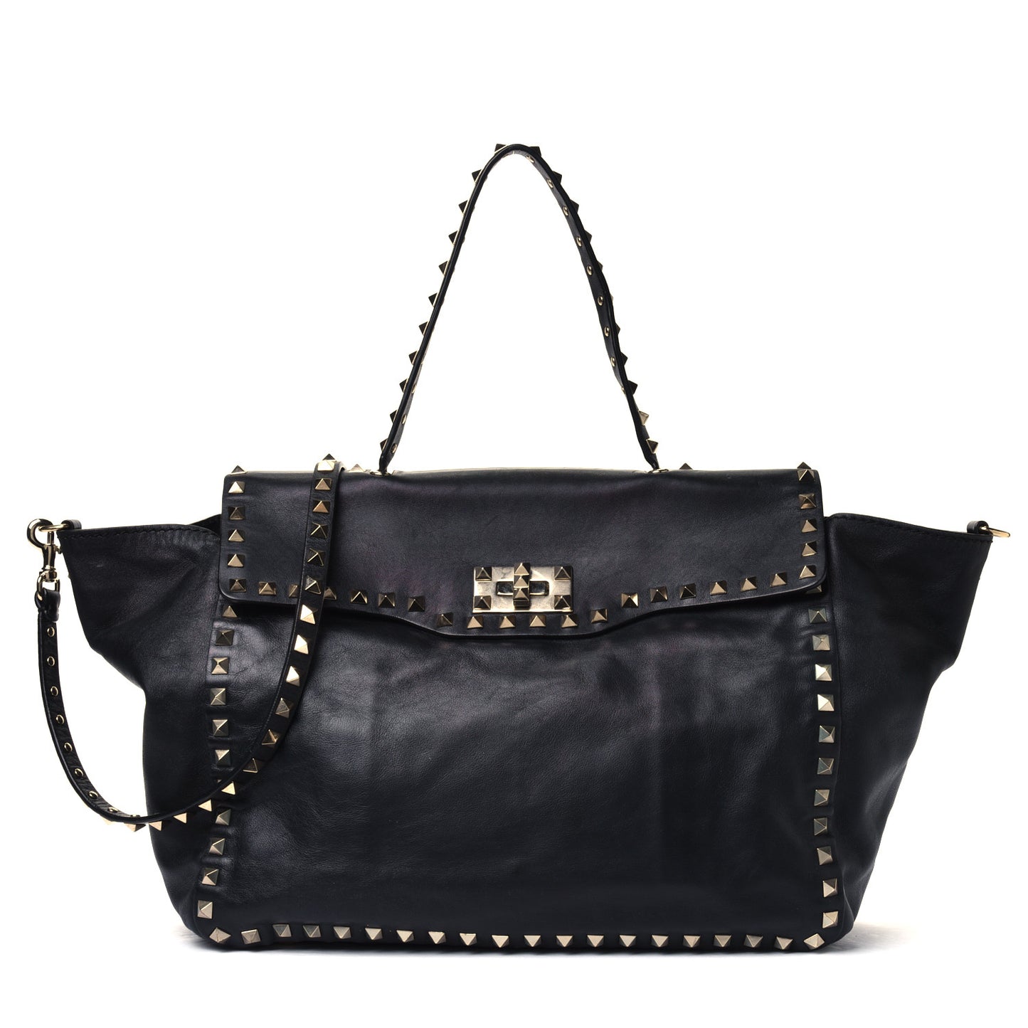 Vitello Rockstud Single Handle Flap Tote Black