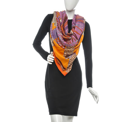 Hermes Cashmere Silk Ceintures et Liens Shawl 140 Orange Bouton D'or Mauve 8 of 16