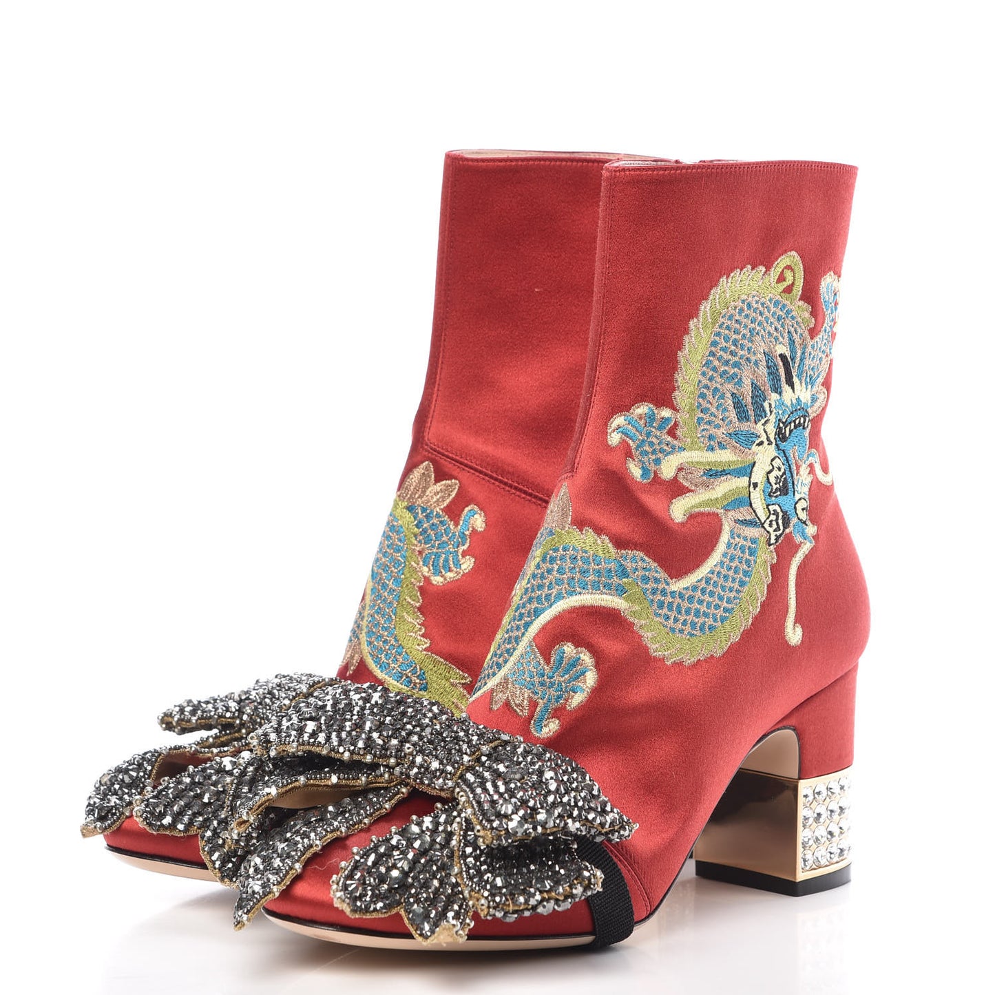 Silk Satin Malaga Kid Embroidered Candy Dragon Block-Heel Ankle Boot 36 Red