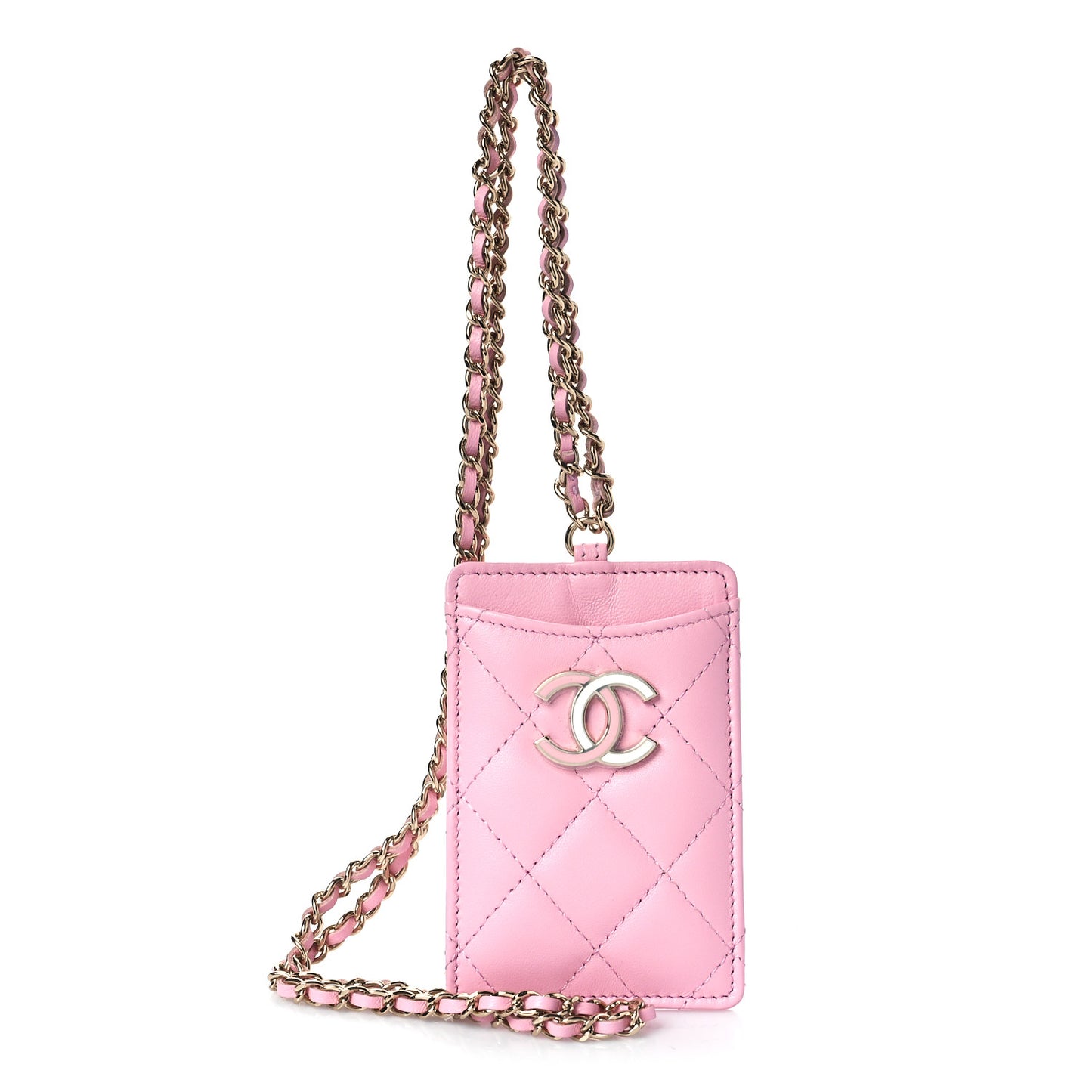 Lambskin Quilted Chanel Card Holder On Chain Pink