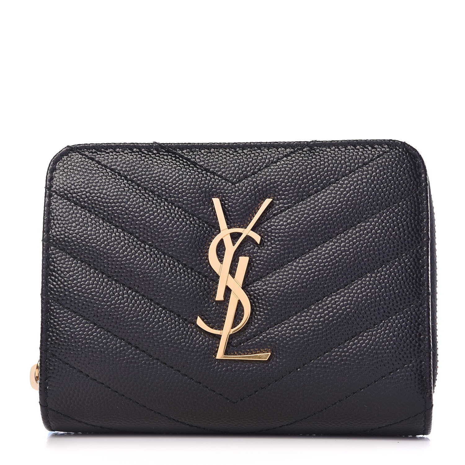 Saint Laurent Grain De Poudre Matelasse Chevron Monogram Compact Zip Around Wallet Black 1 of 8