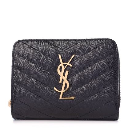 Saint Laurent Grain De Poudre Matelasse Chevron Monogram Compact Zip Around Wallet Black 1 of 8