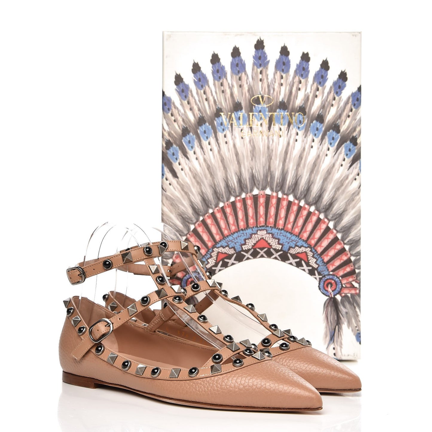 Pebbled Calfskin Onyx Rockstud Rolling Cage Ballerina Flats 36 Soft Noisette