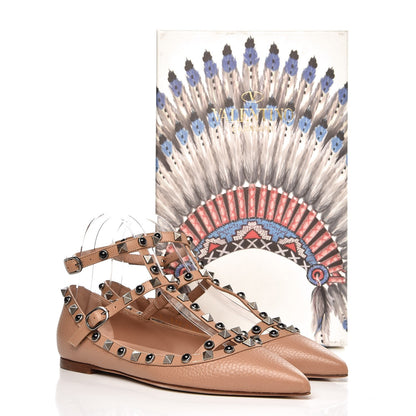 Valentino Garavani Pebbled Calfskin Onyx Rockstud Rolling Cage Ballerina Flats 36 Soft Noisette 8 of 8