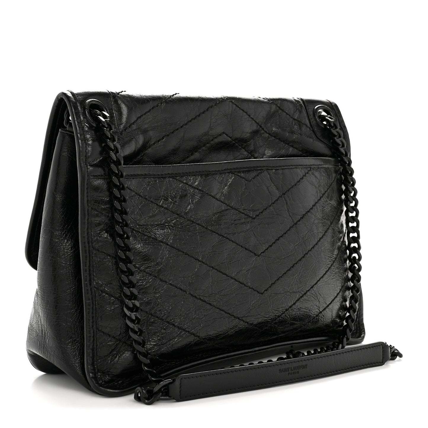 Crinkled Calfskin Matelasse Monogram Medium Niki Chain Satchel Black