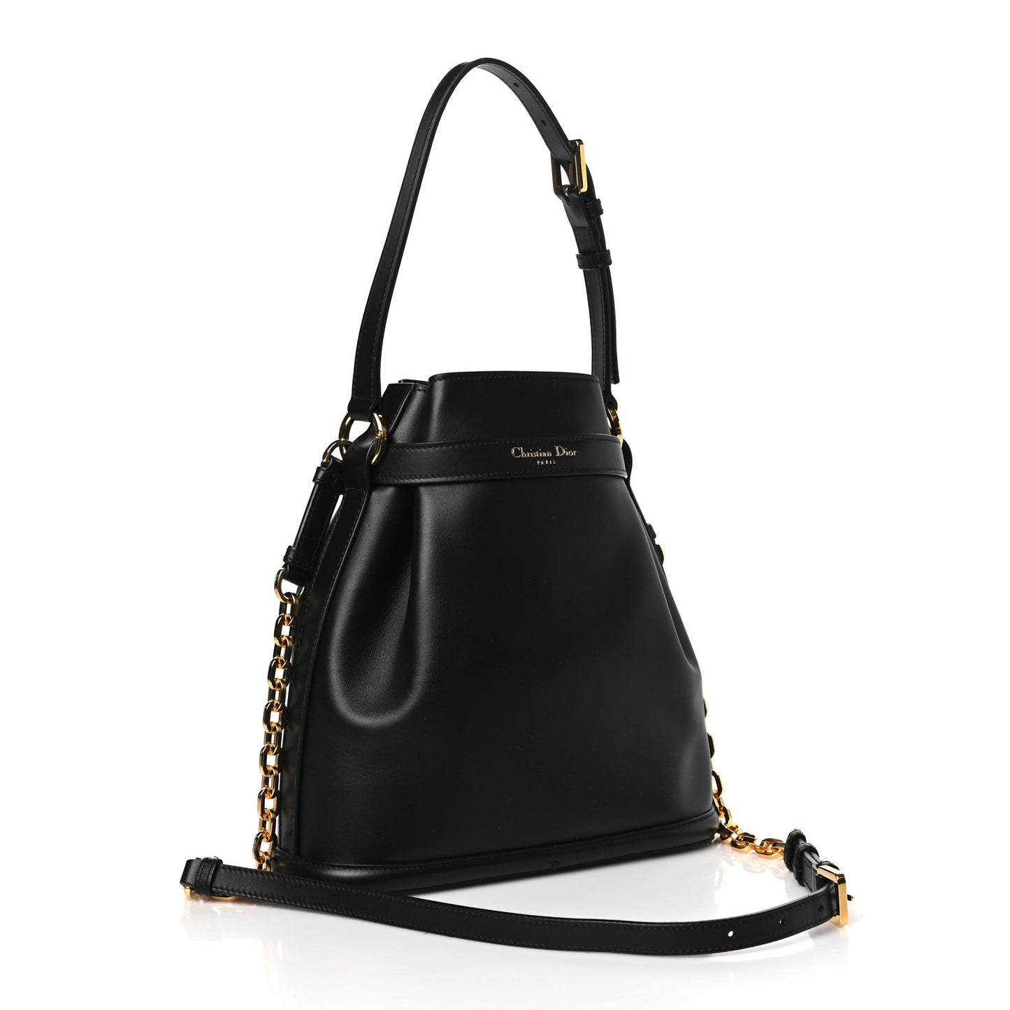 Calfskin CD Embossed Medium C'est Chain Bucket Bag Black