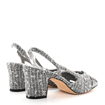 Chanel Tweed Patent Cap Toe CC Slingback Pumps 36.5 Gray 4 of 16