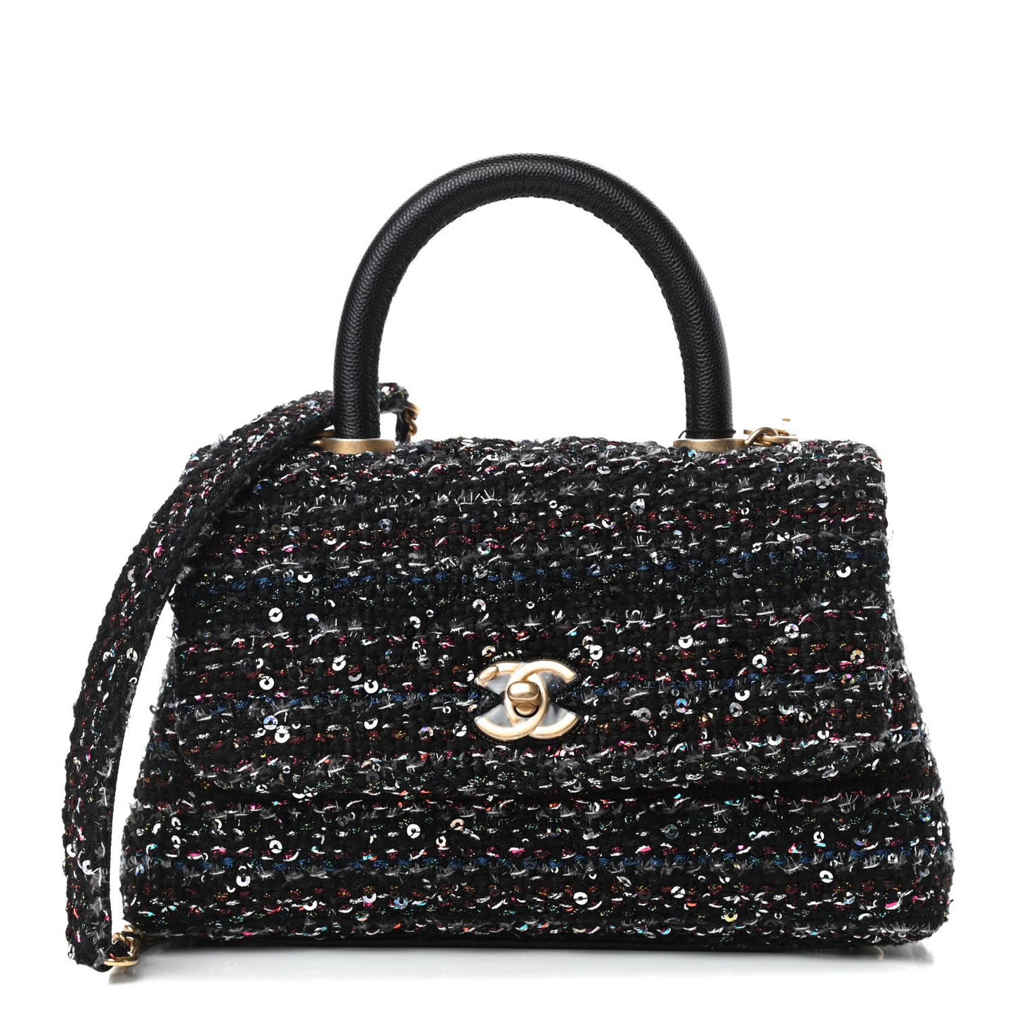 Tweed Sequin Mini Coco Handle Flap Black