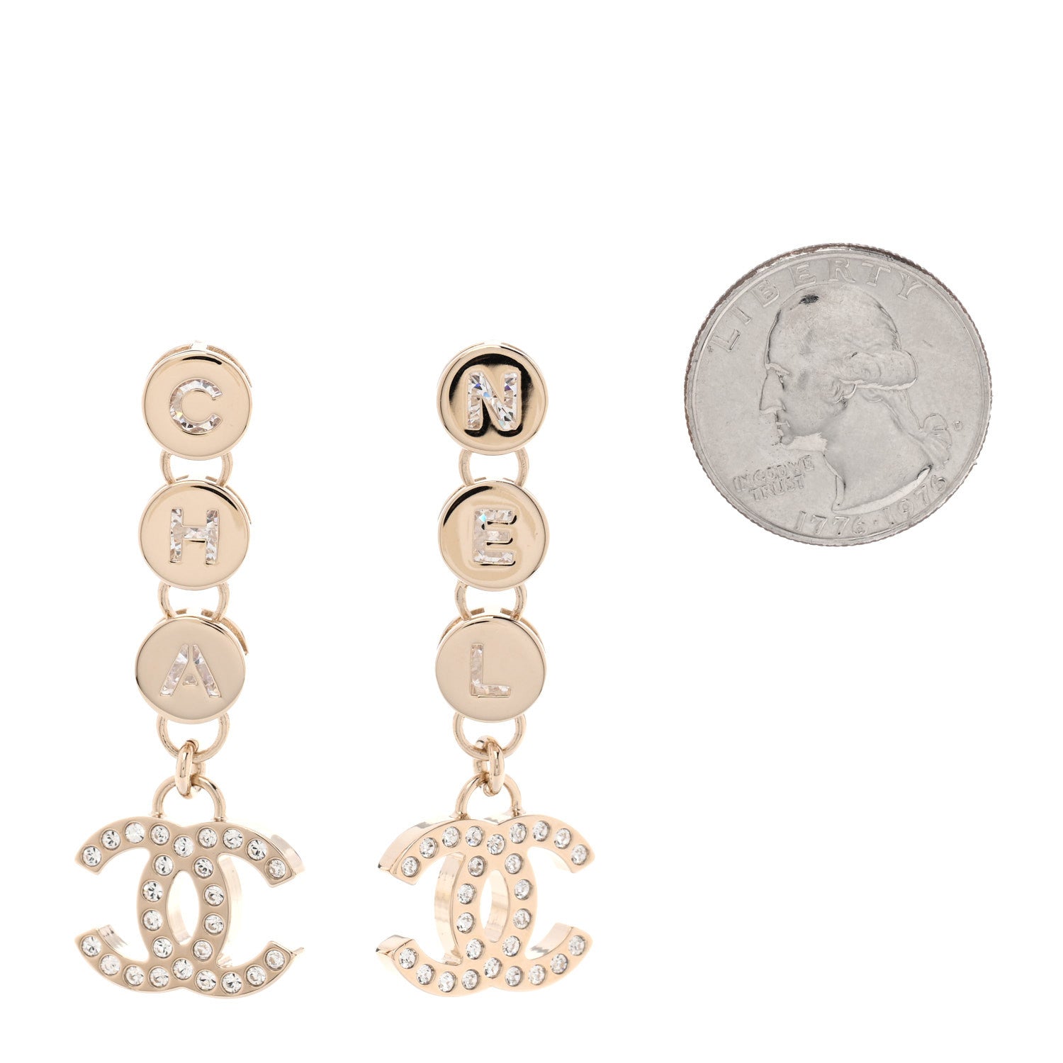 Chanel Metal Crystal CC Cha-Nel Logo Drop Earrings Light Gold 2 of 5