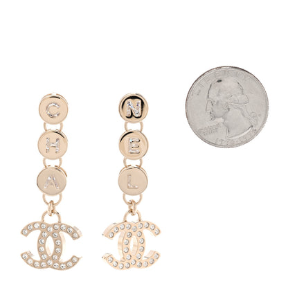 Chanel Metal Crystal CC Cha-Nel Logo Drop Earrings Light Gold 2 of 5