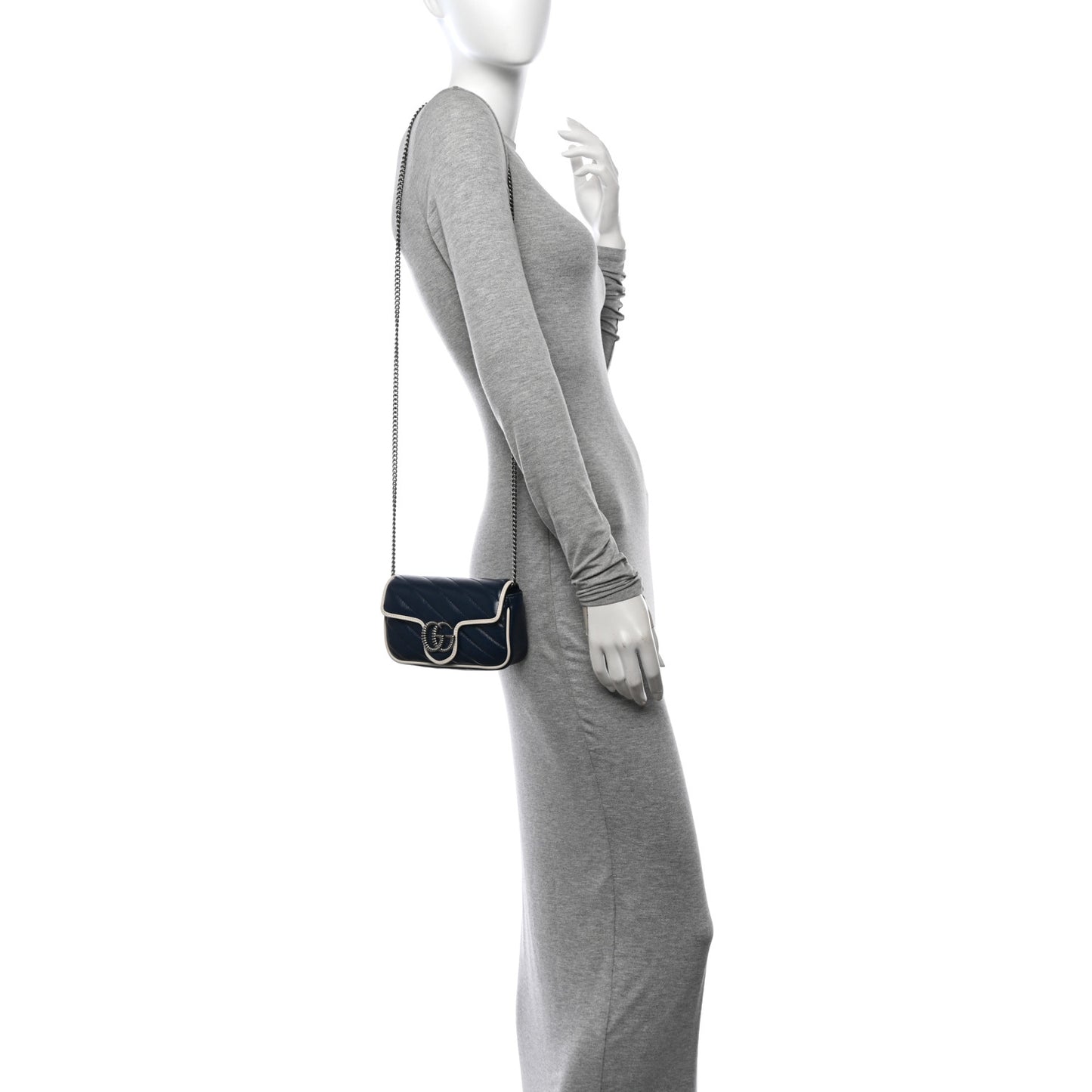 Vintage Effect Calfskin Matelasse Diagonal Super Mini Torchon GG Marmont Shoulder Bag Blue Agata Mystic White