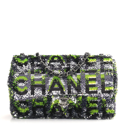 Chanel Sequin Logo Single Flap Green Silver Black 1 of 9