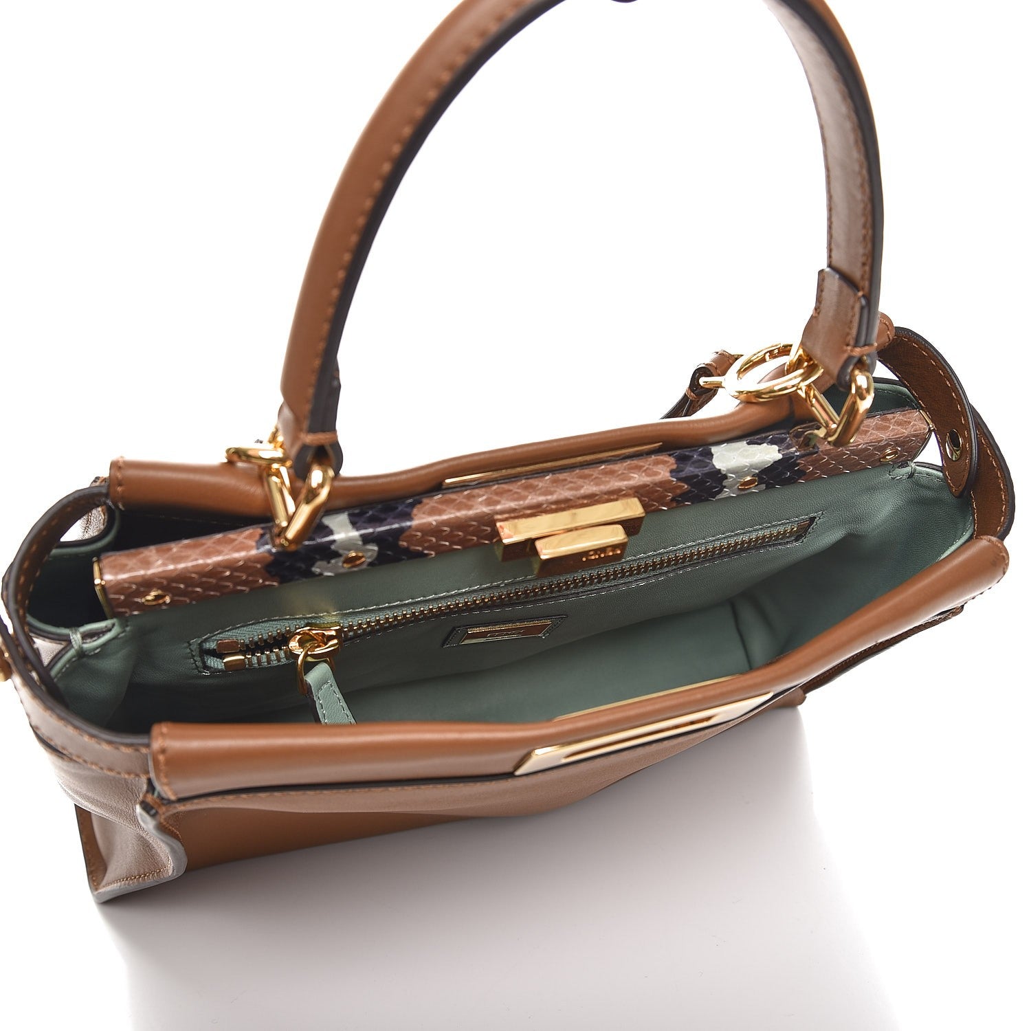 Fendi Vitello Seta Shiny Nappa Ayers Medium Peekaboo Iconic Satchel Brownie Menta 6 of 8