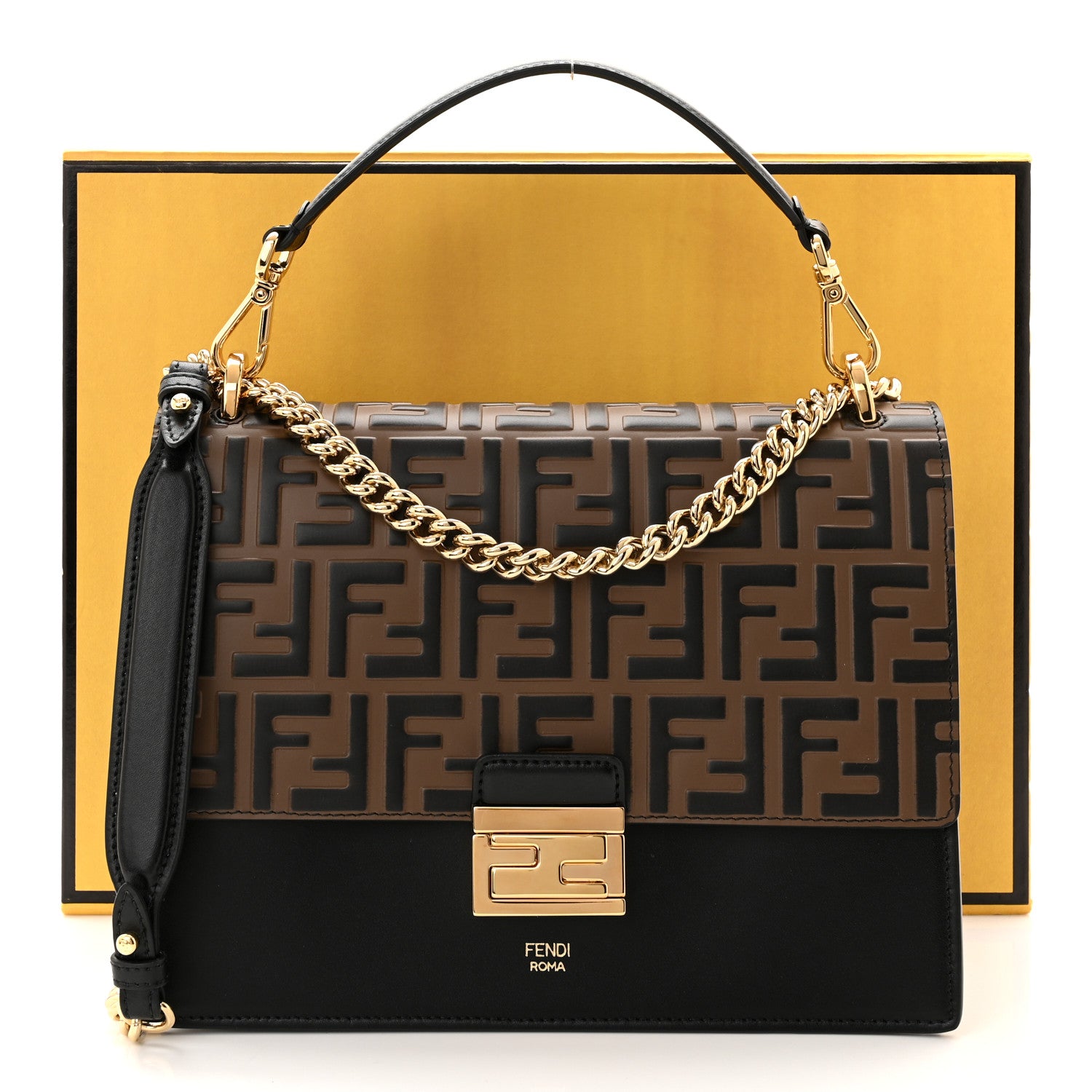 Fendi Vitello Liberty Bi-Color FF 1974 Embossed Chain Strap Kan U Shoulder Bag Black Maya 11 of 11