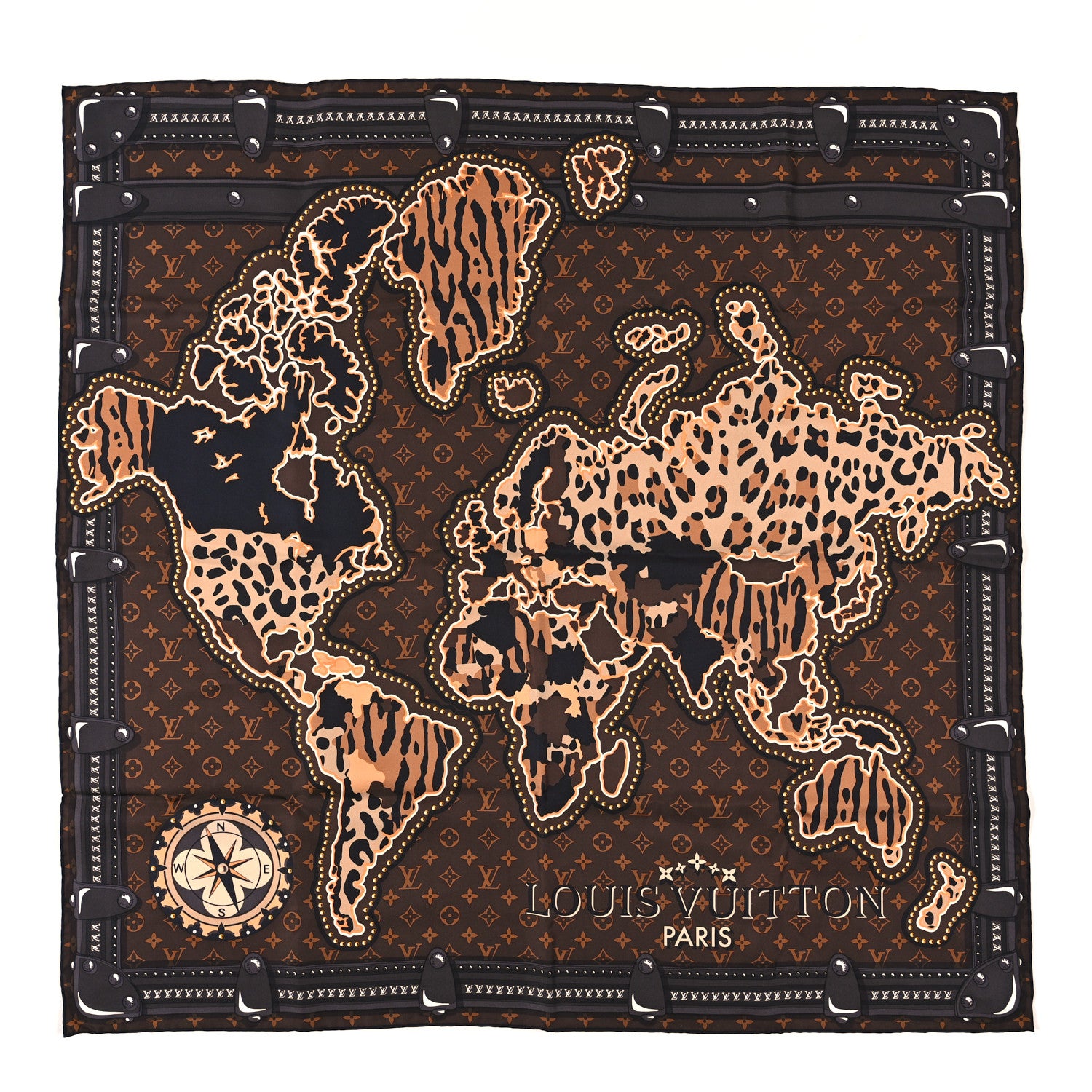 Louis Vuitton Silk Monogram LV World Square Scarf Brown 1 of 3