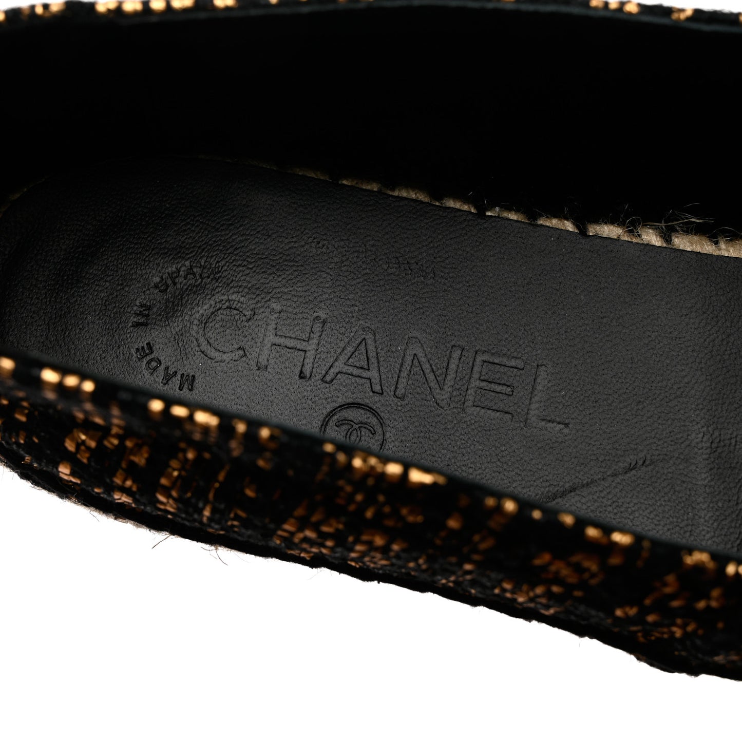 Metallic Tweed Grosgrain CC Espadrilles 38 Gold Black