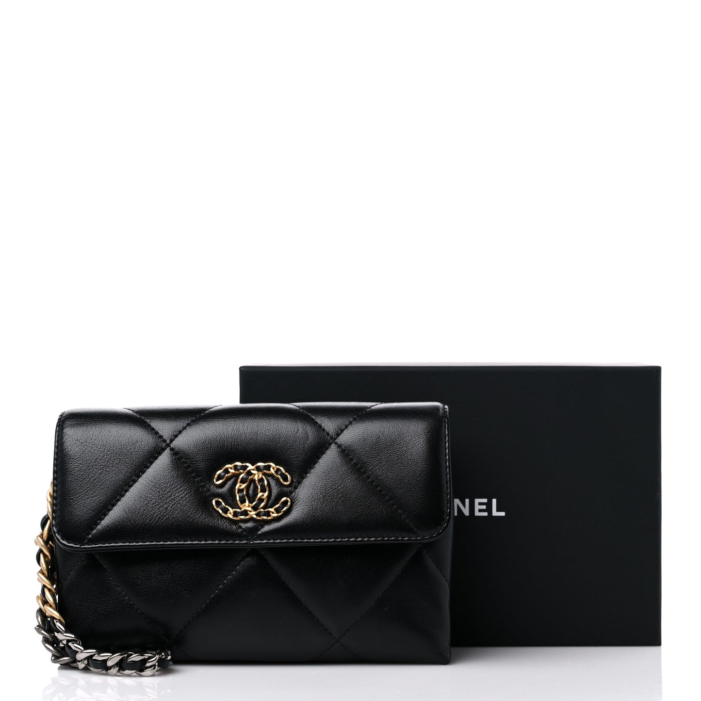 Lambskin Quilted Chanel 19 Flap Clutch Black