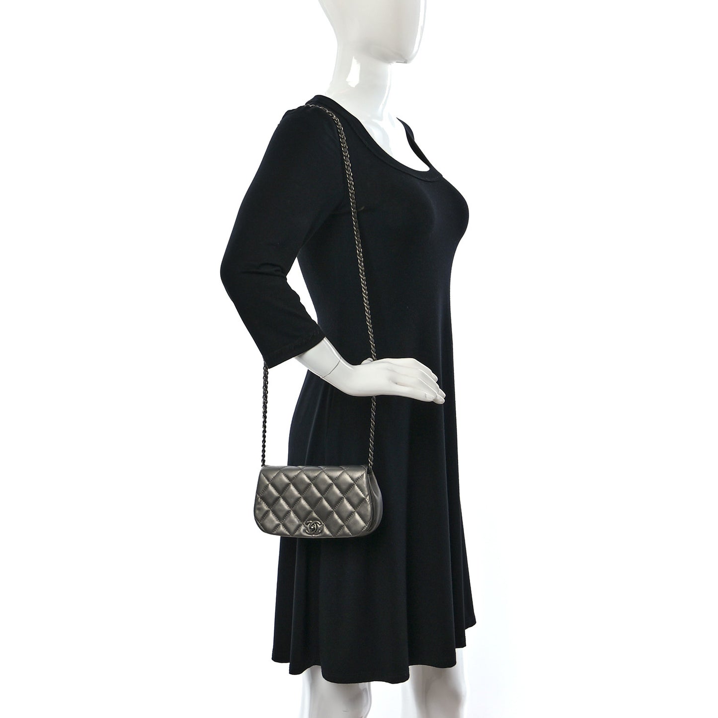 Metallic Calfskin Quilted Flap Clutch With Chain Ruthenium