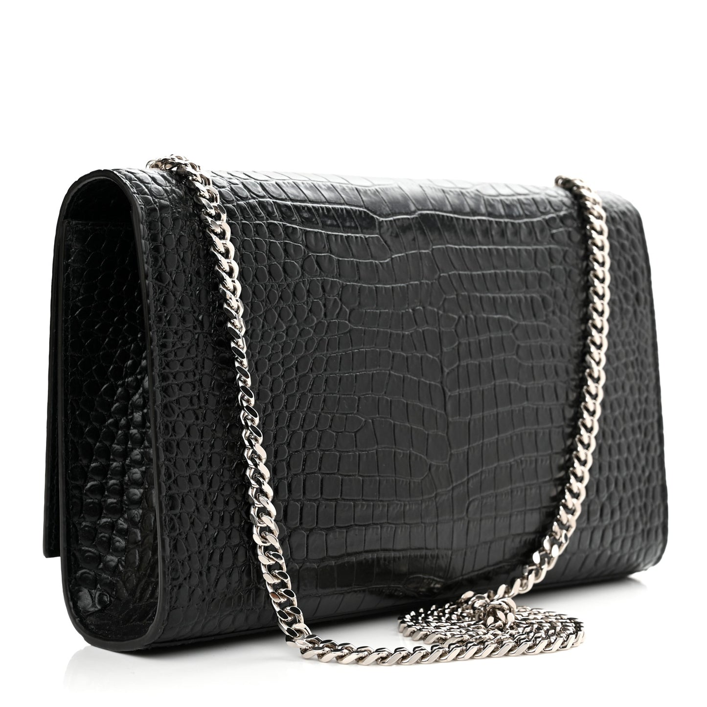 Calfskin Crocodile Embossed Medium Classic Monogram Kate Tassel Satchel Black
