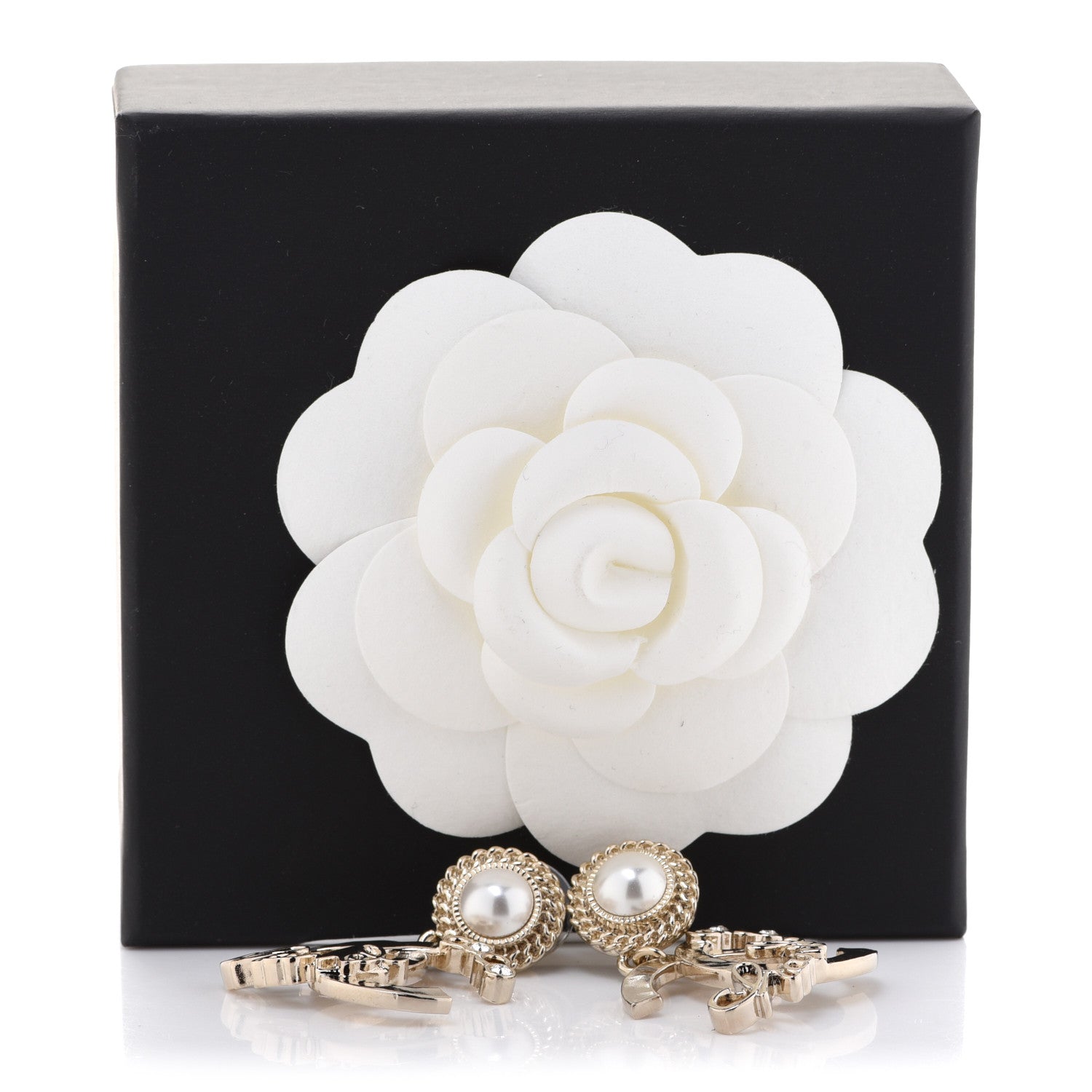 Chanel Metal Pearl Crystal Coco Script CC Drop Earrings Gold 5 of 5