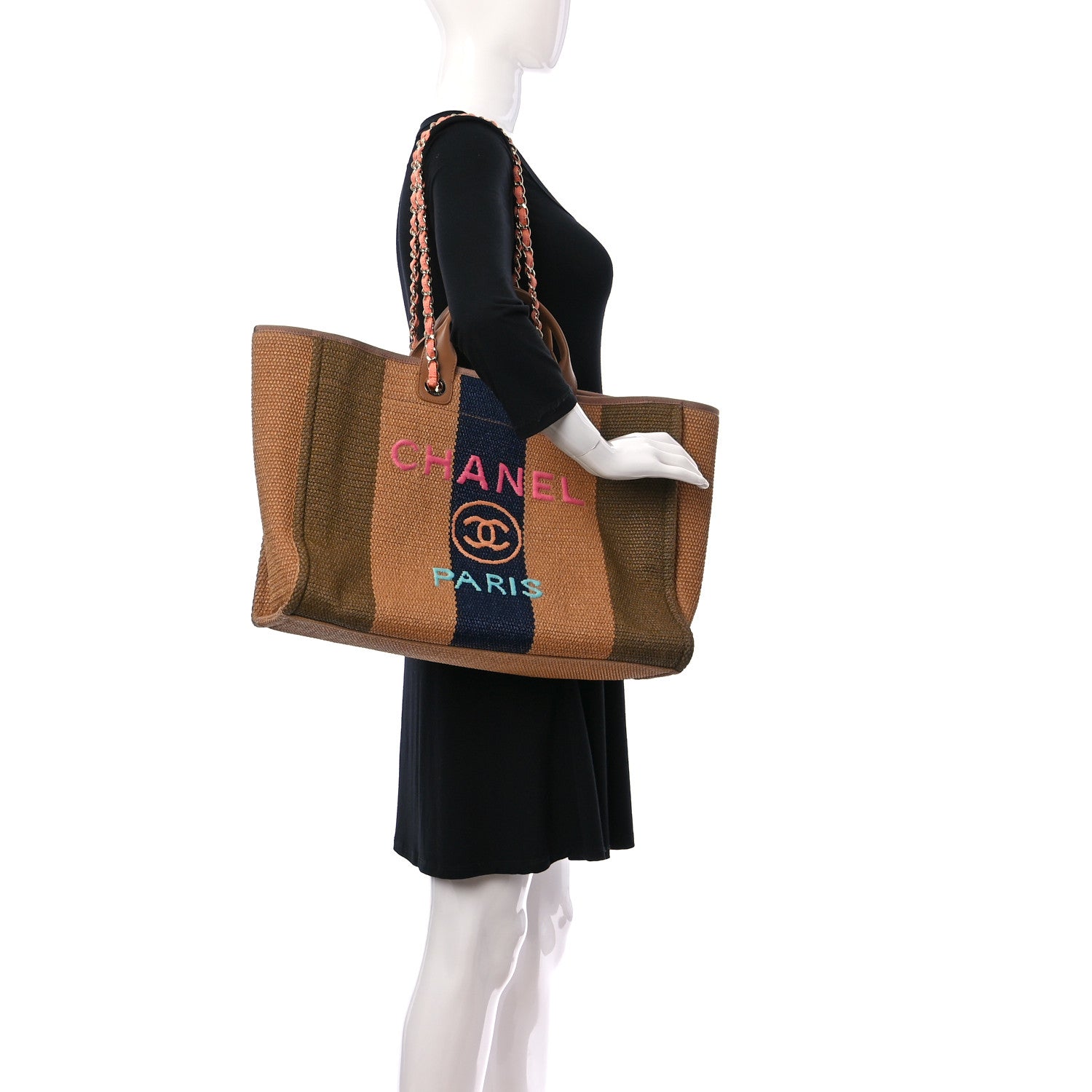Chanel Straw Raffia Calfskin Striped Large Deauville Tote Khaki Beige Navy 2 of 10