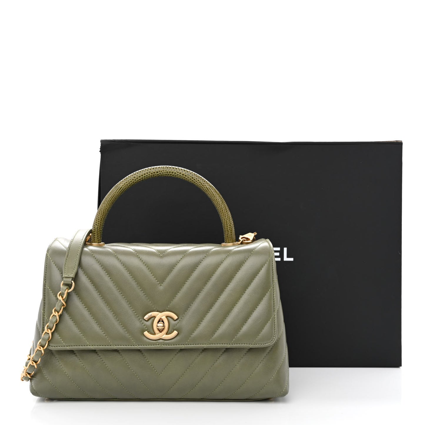 Calfskin Lizard Chevron Quilted Small Coco Handle Flap Green