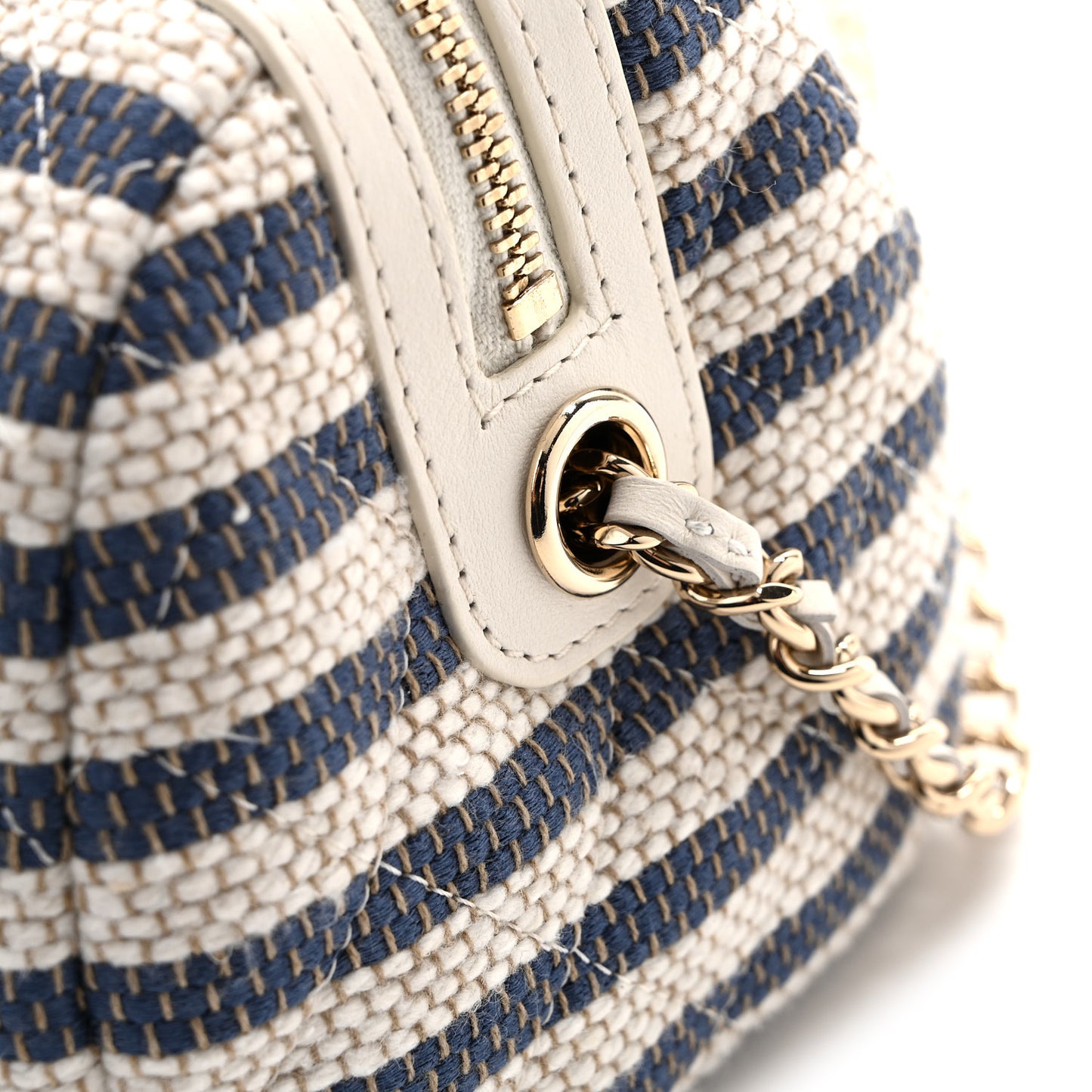 Printed Fabric Clutch With Chain Light Beige Dark Blue