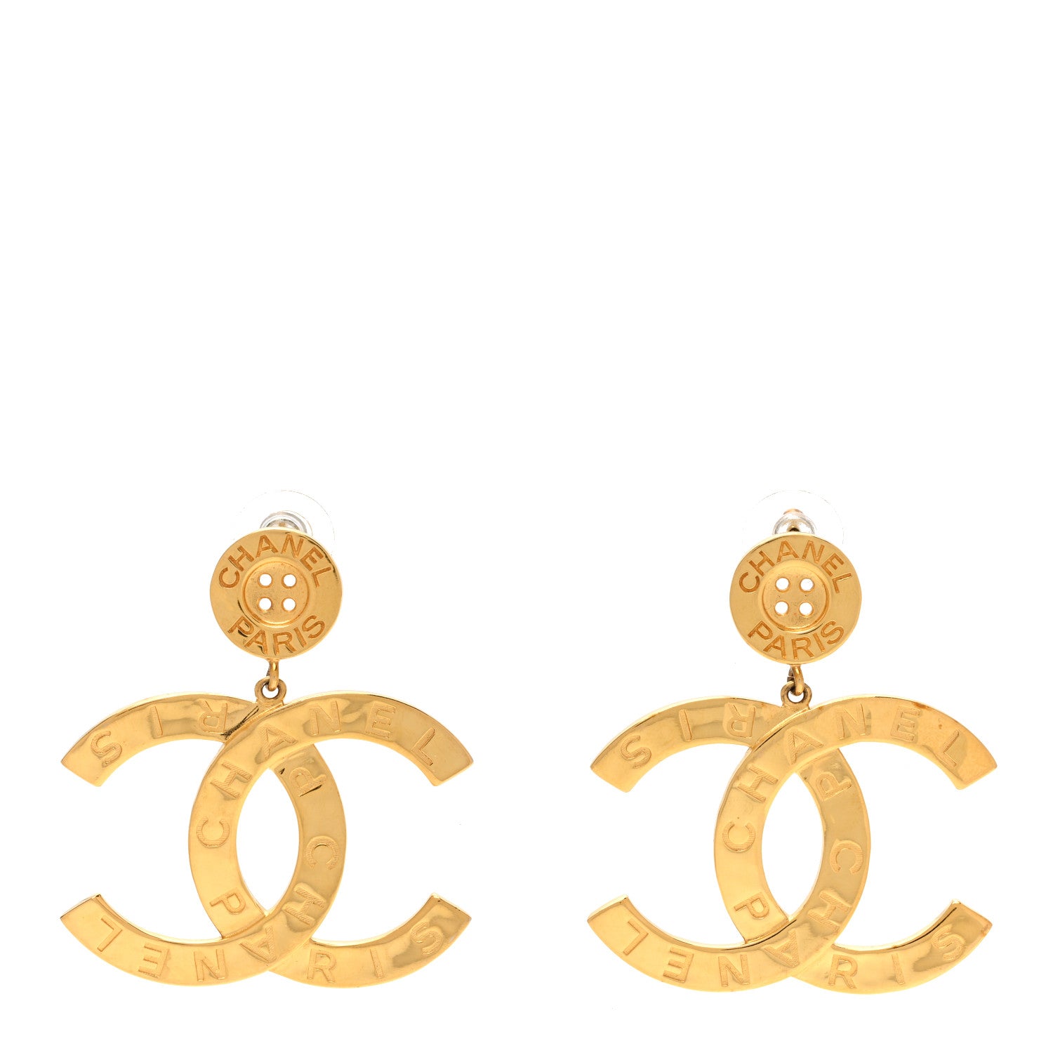 Chanel Metal Large Paris Button Earrings Gold 1 of 5