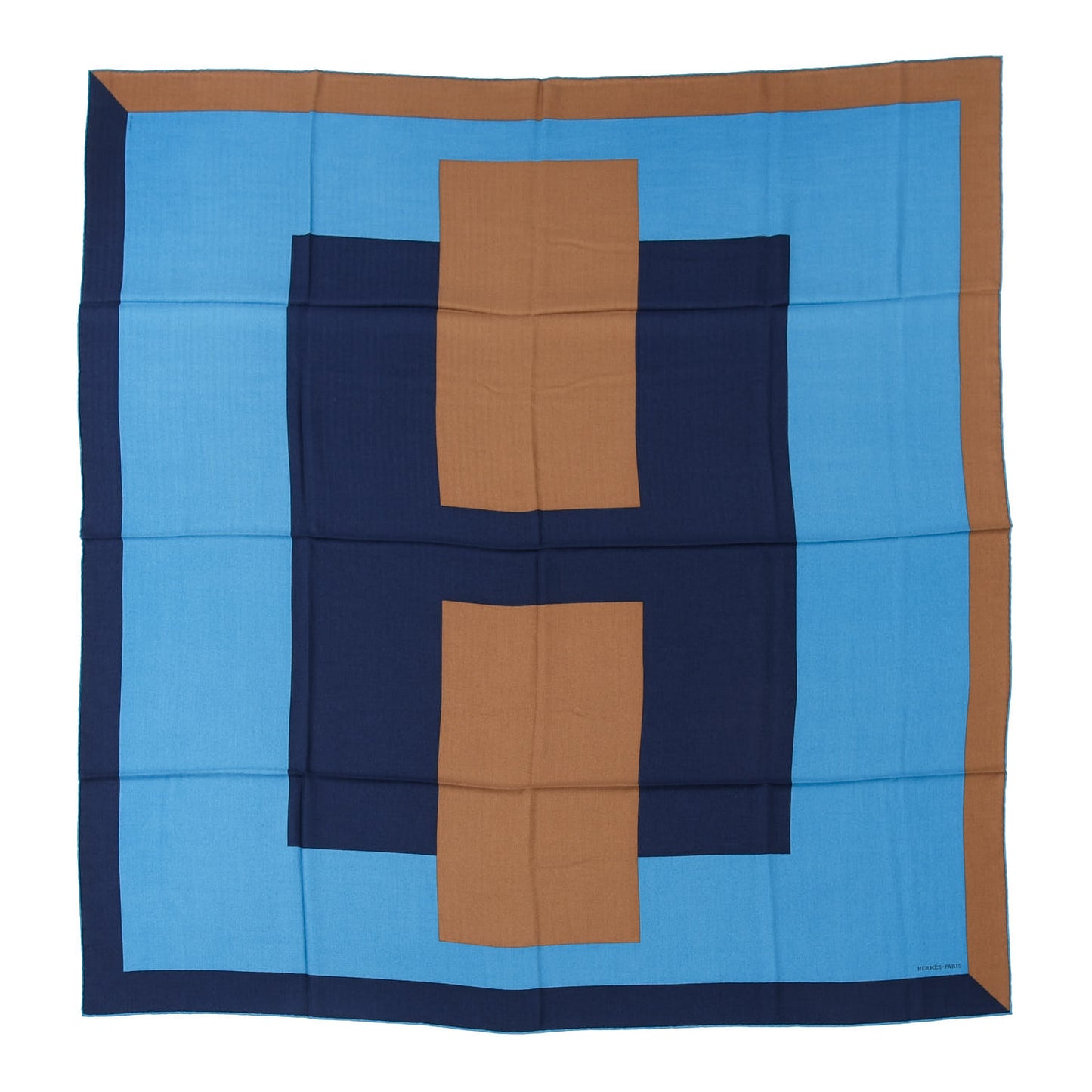 Cashmere Silk Encadre H Passant Giant Scarf 140 Cobalt Marine Camel