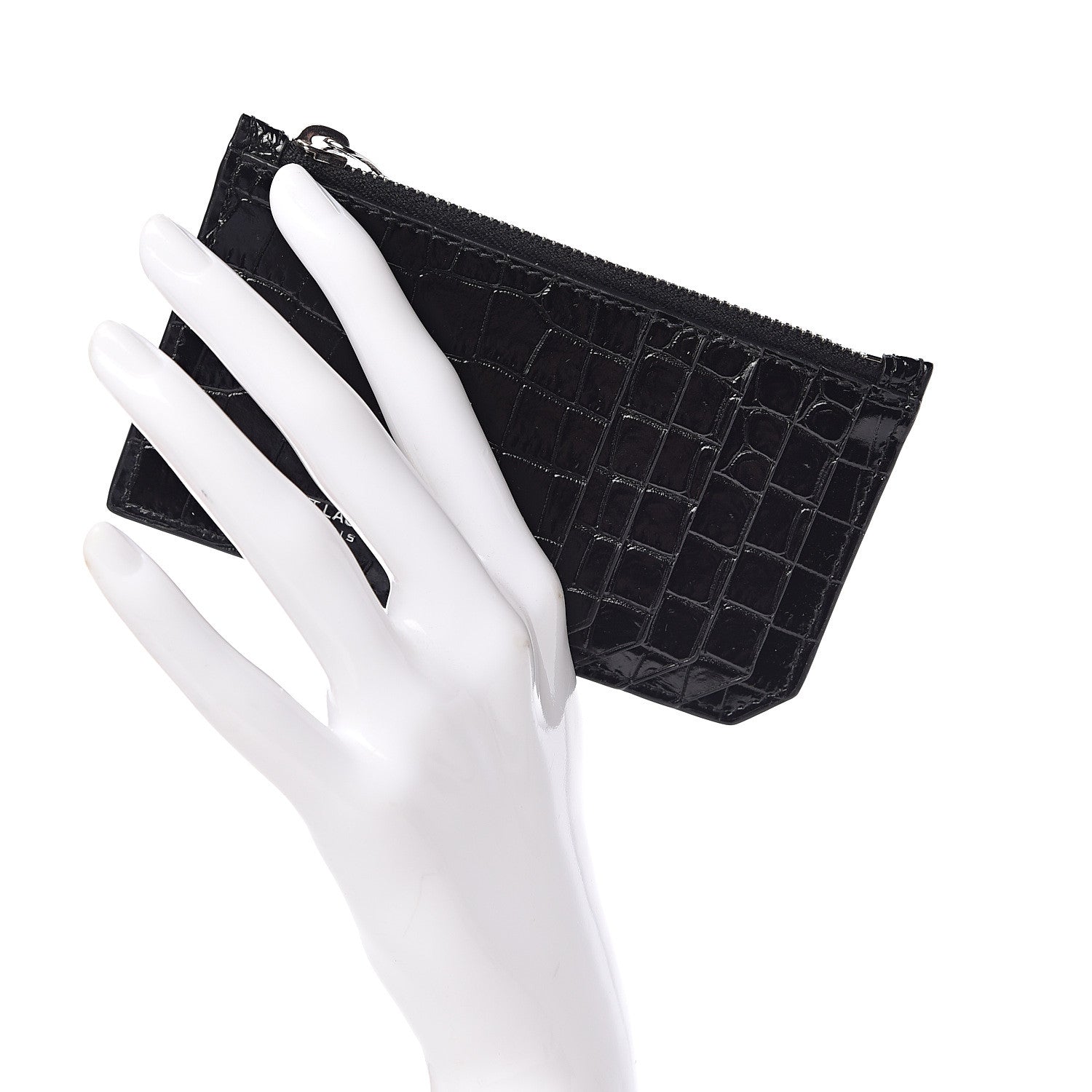 Saint Laurent Calfskin Crocodile Embossed 5 Fragments Zip Pouch Card Holder Black 2 of 8