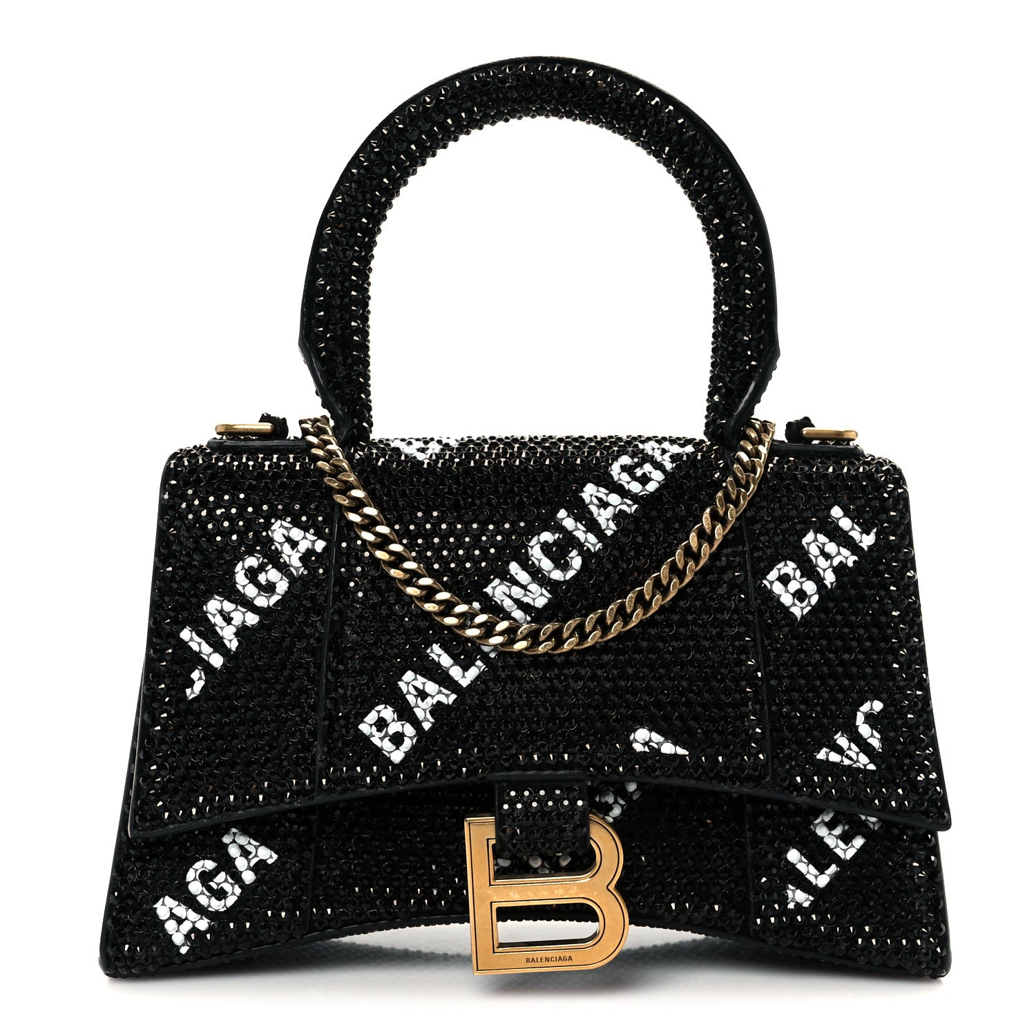 Balenciaga Strass Suede Allover Logo Hourglass Top Handle Bag XS with Chain Black White Black White 1 of 11