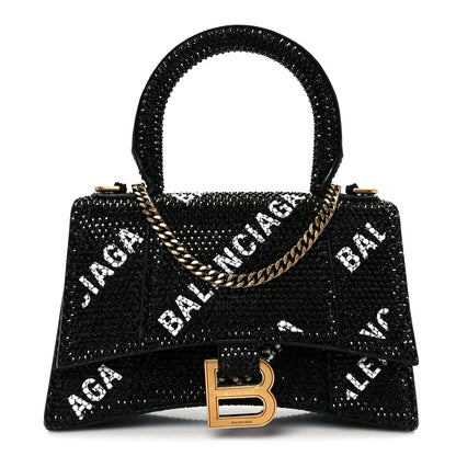 Balenciaga Strass Suede Allover Logo Hourglass Top Handle Bag XS with Chain Black White Black White 1 of 11