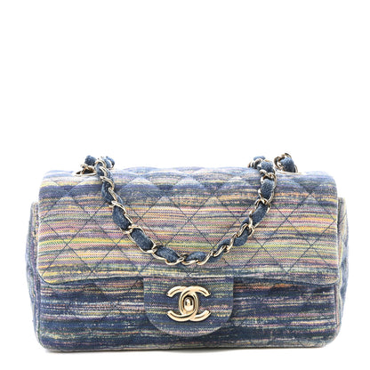 Chanel Striated Denim Quilted Classics in Fabrics Mini Rectangular Flap Navy Yellow Purple Green Multicolor 1 of 10