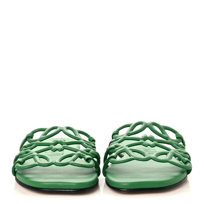Loewe Paula's Ibiza Calfskin Petal Anagram Caged Slide Sandals 38 Green 3 of 8
